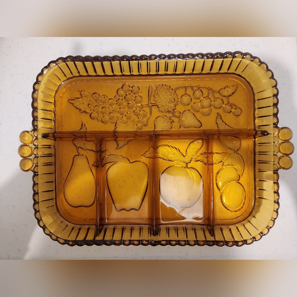VTG Amber Glass Relish Tray Fruits